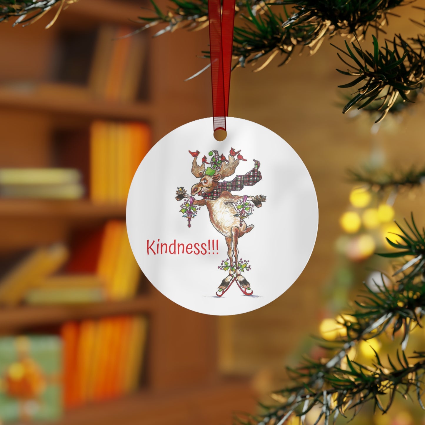 "KINDNESS" Christmas Metal Ornament with Sidney the Moose & Redbirds