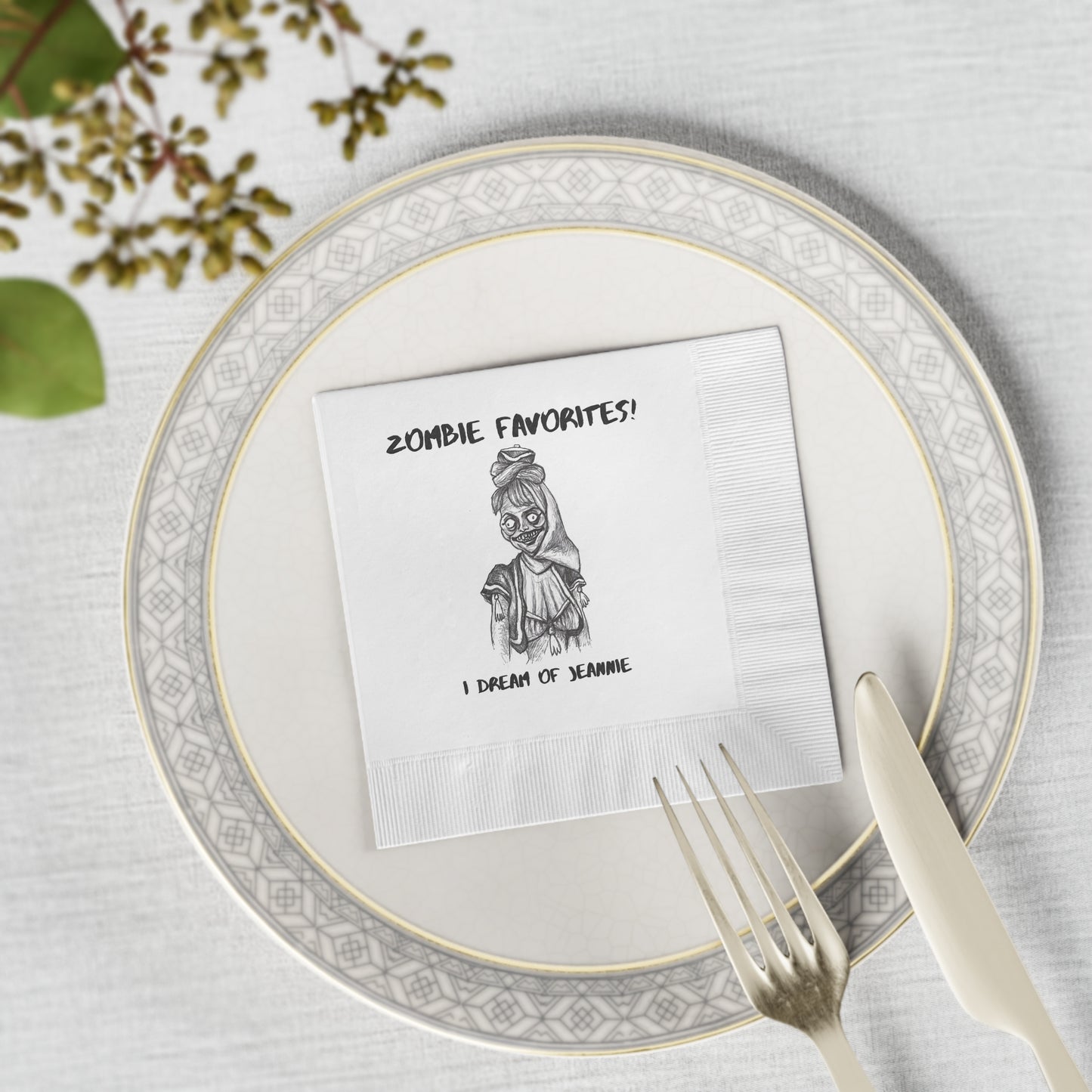 Zombie Favorites - "I Dream of Jeannie" Halloween White Coined Napkins