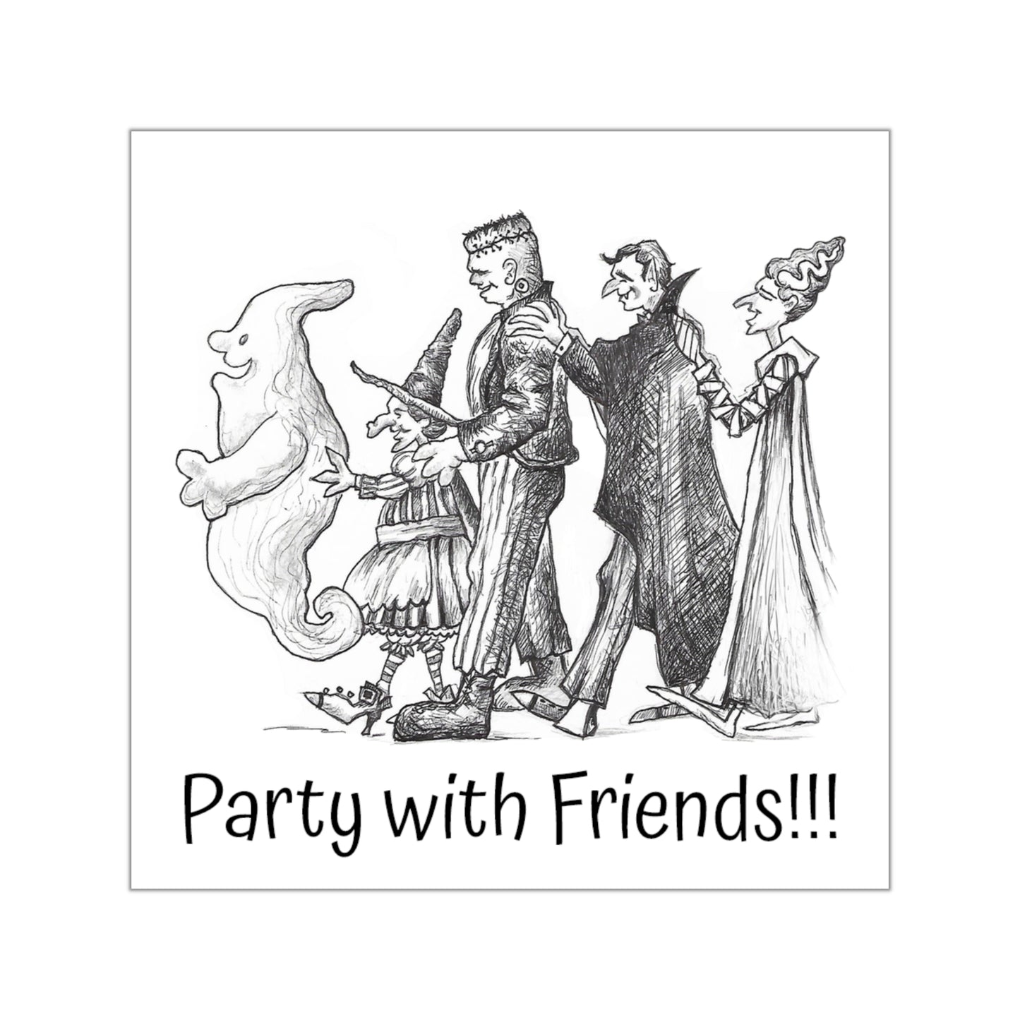 "Party with Friends" - The Monster Conga Line Halloween Indoor & Outdoor Square Kiss-Cut Vinyl Sticker