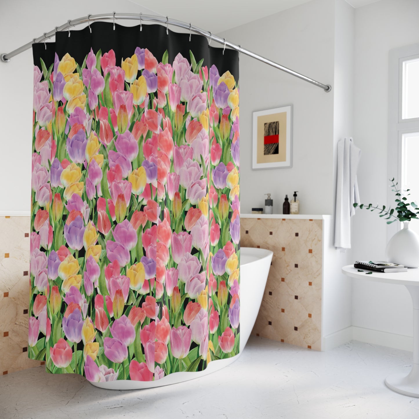 Tulip Sunrise Shower Curtain with Black Accents - The Tulip Sunrise Collection by Miss Daisy