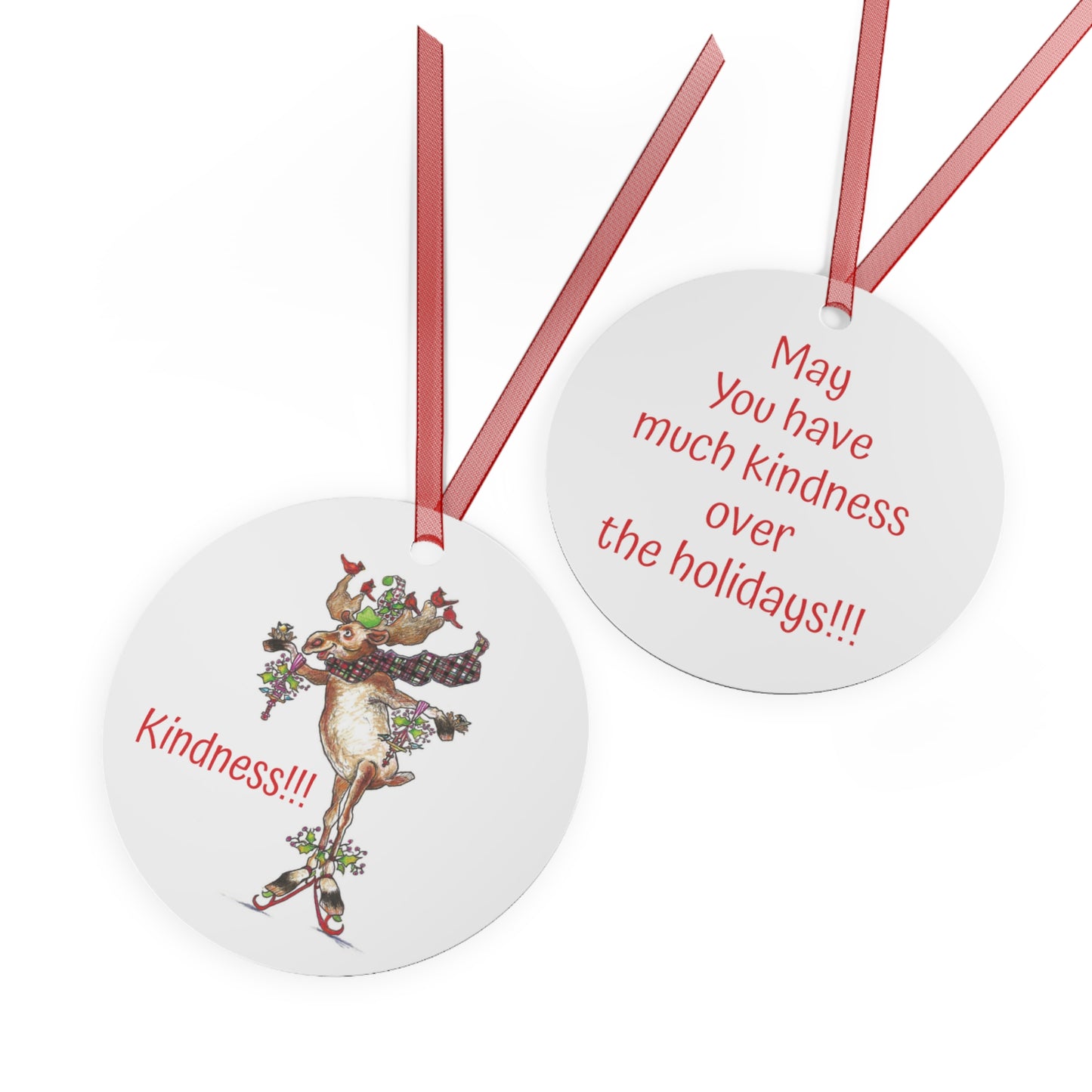 "KINDNESS" Christmas Metal Ornament with Sidney the Moose & Redbirds
