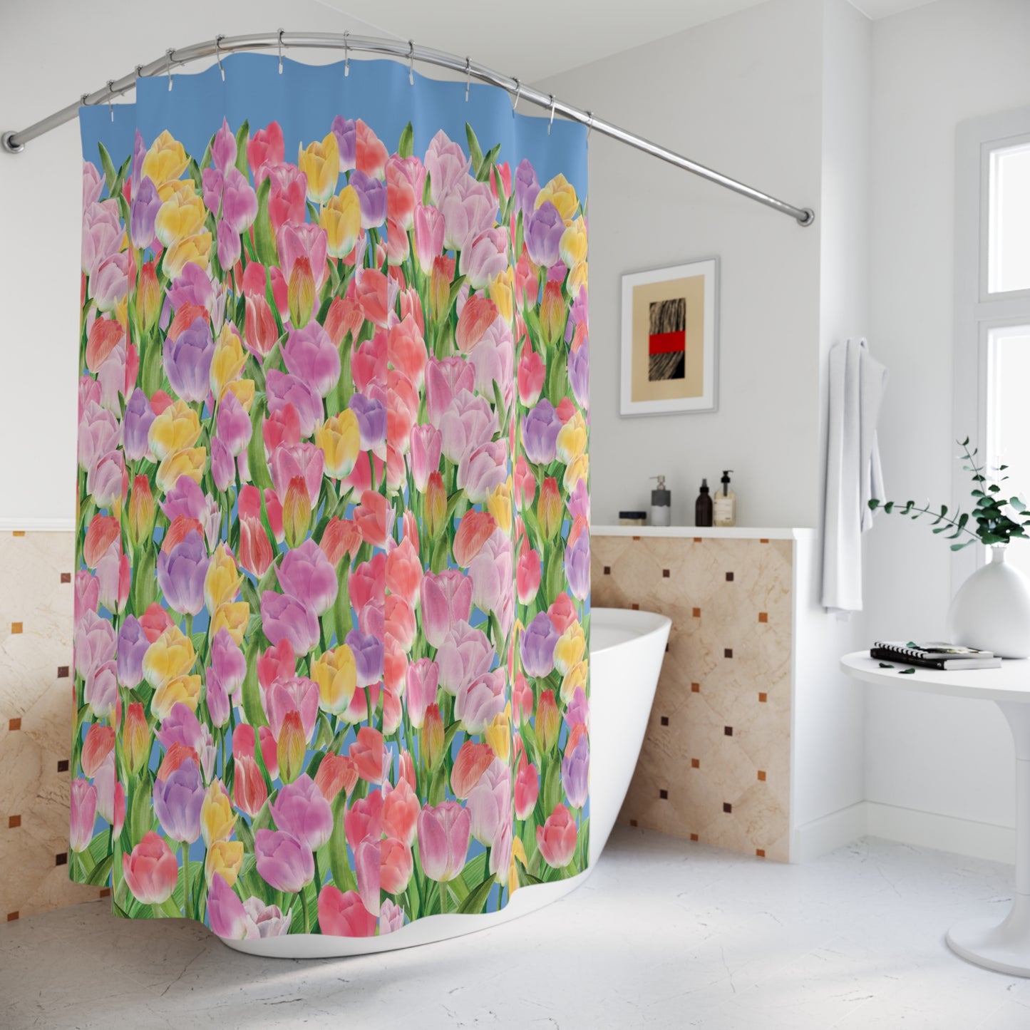 Tulip Sunrise Shower Curtain with Light Blue Accents - The Tulip Sunrise Collection by Miss Daisy