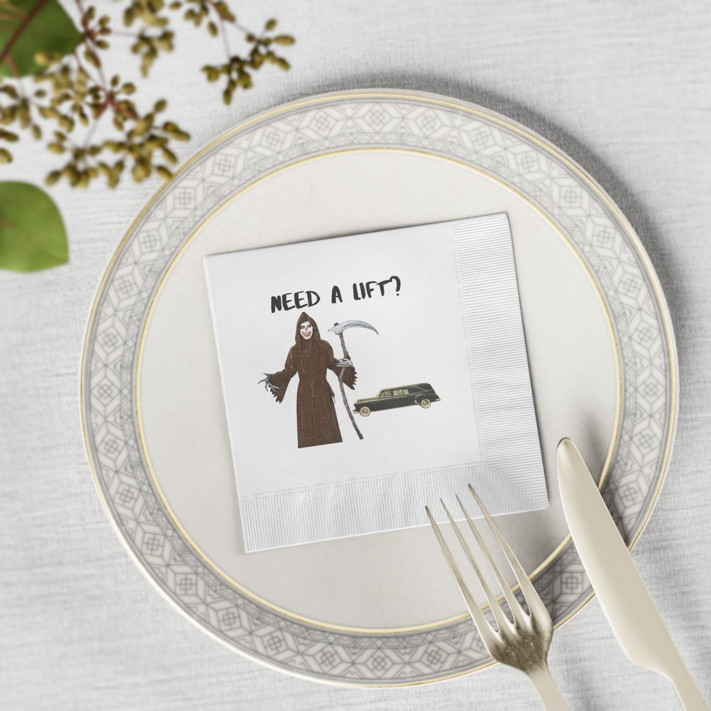 "Need a Lift???" - The Grim Reaper Halloween White Coined Napkins
