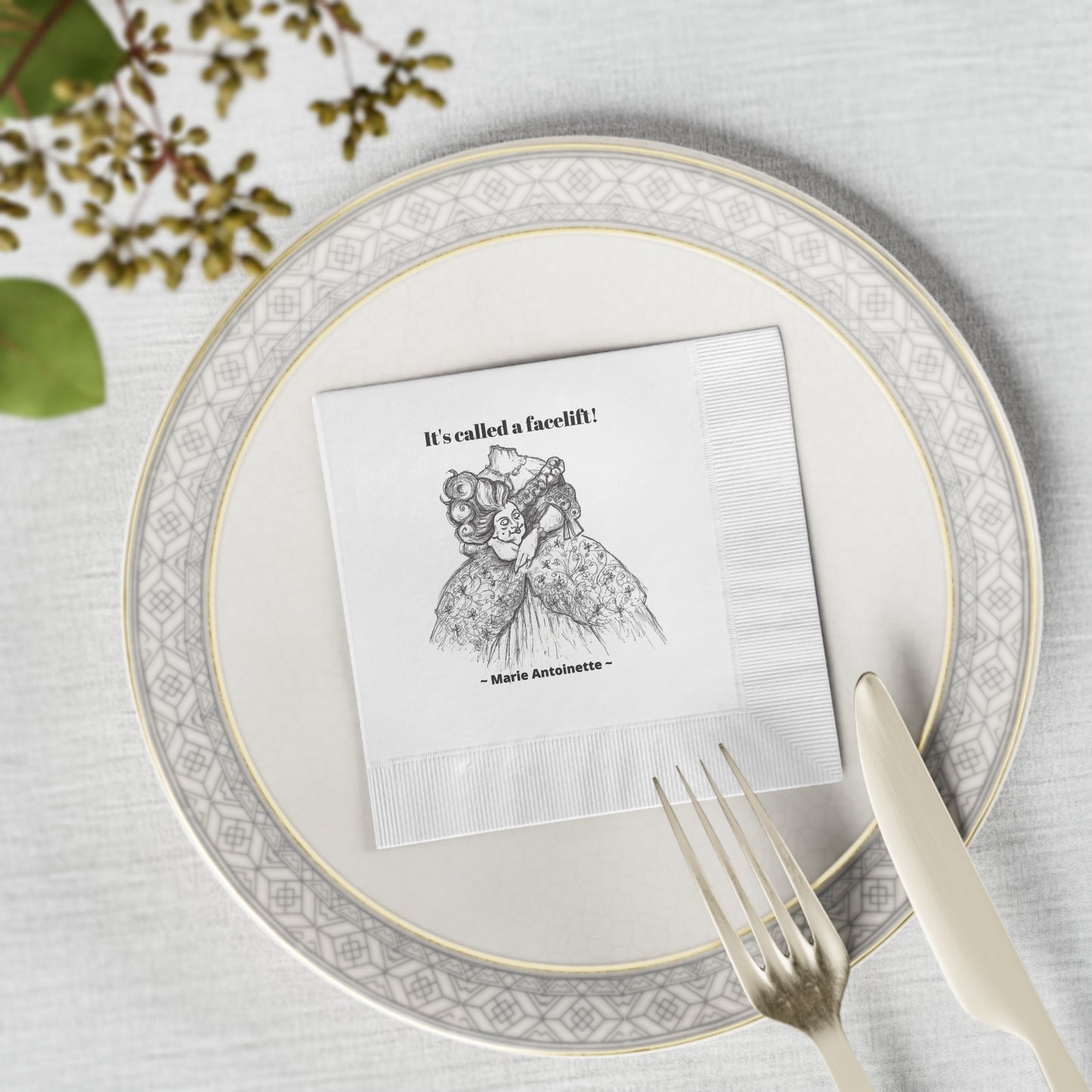 Headless Marie Antoinette - "It's called a facelift!!!" Halloween White Coined Napkins