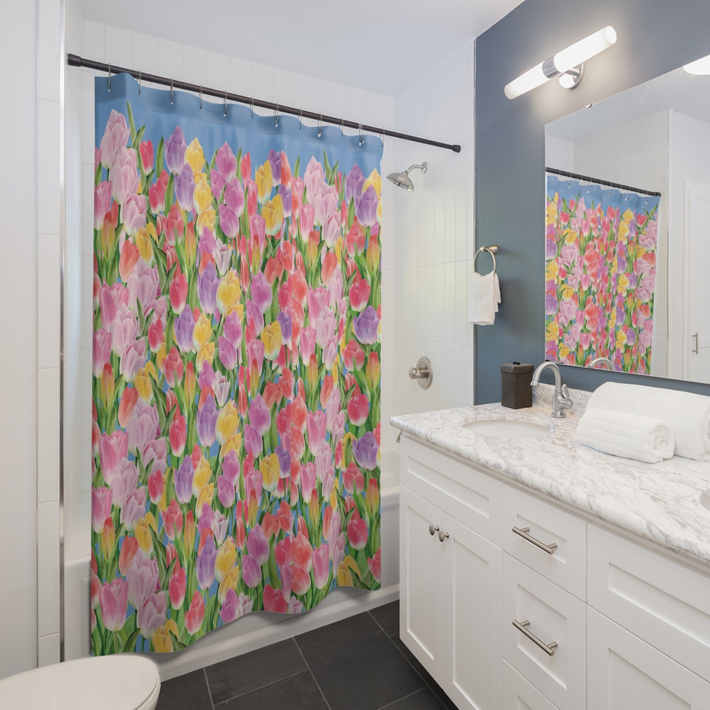 Tulip Sunrise Shower Curtain with Light Blue Accents - The Tulip Sunrise Collection by Miss Daisy
