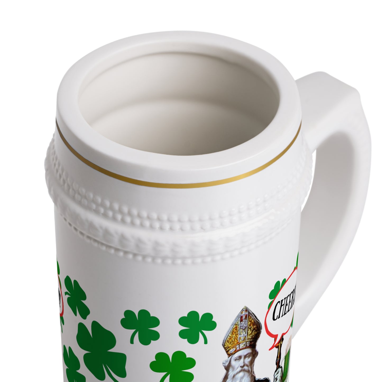 Saint Patrick's "Cheers" White Ceramic 22oz Beer Stein Mug