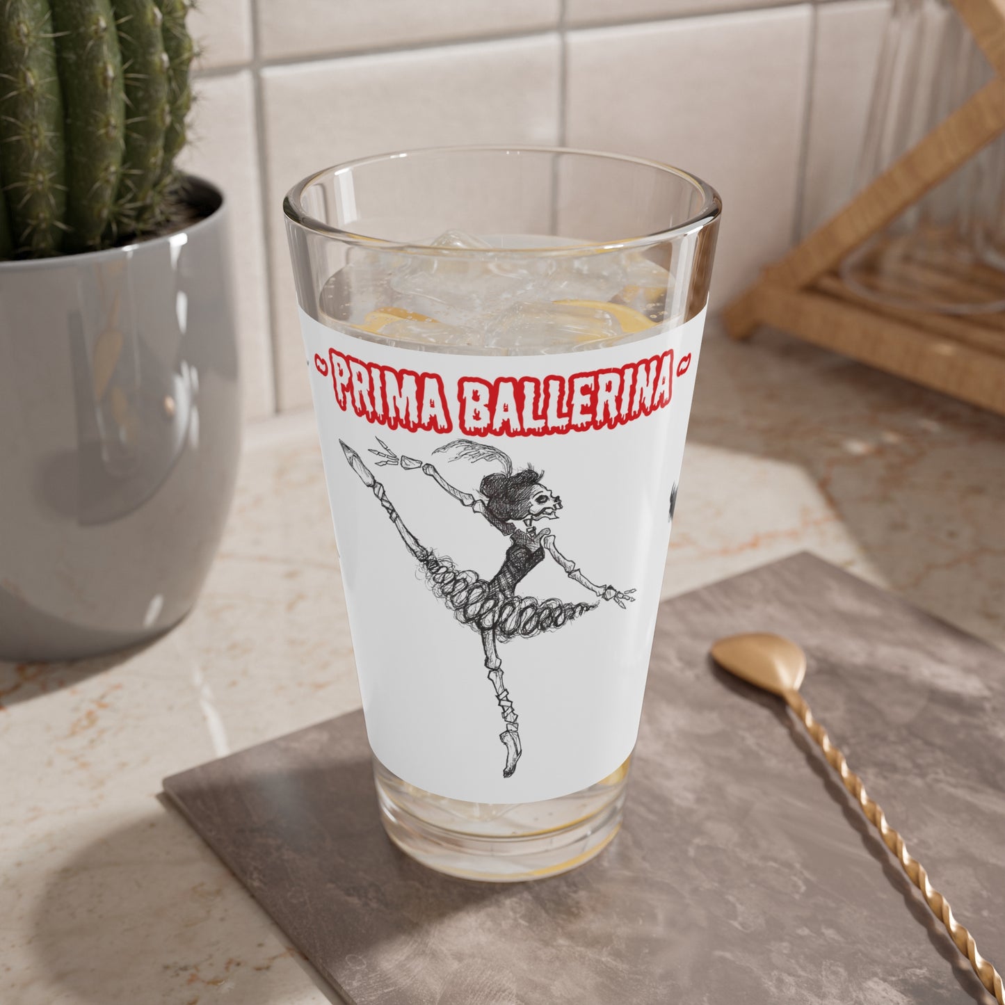 Dancing Ballet Skeletons "Prima Ballerina!!!" Halloween 16oz Glass Cup