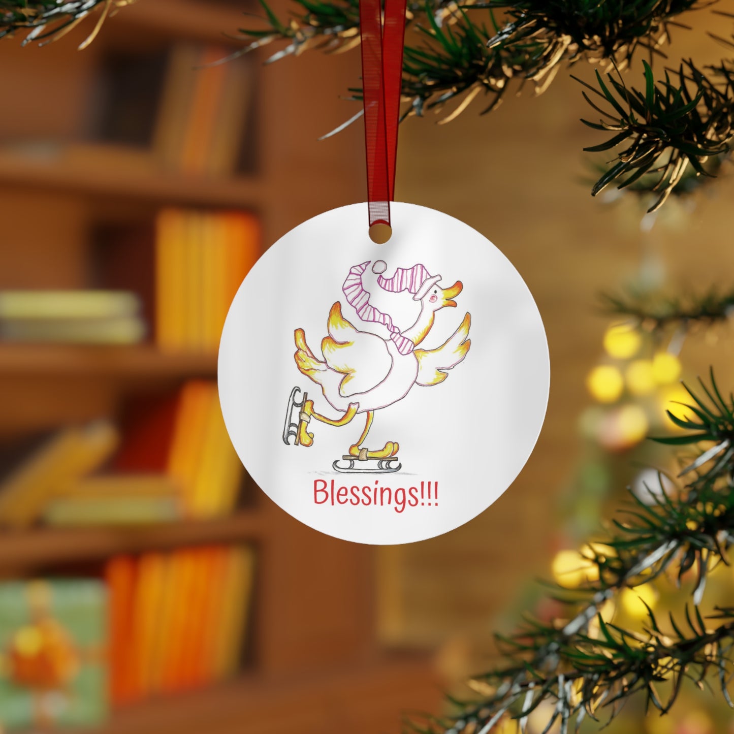 Festive Metal Christmas Tree Ornament with Peppermint Duck Design
