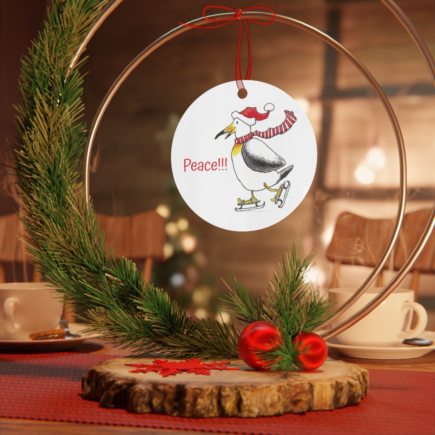"PEACE" Christmas Tree Metal Ornament with Snowflake the Skating Penguin