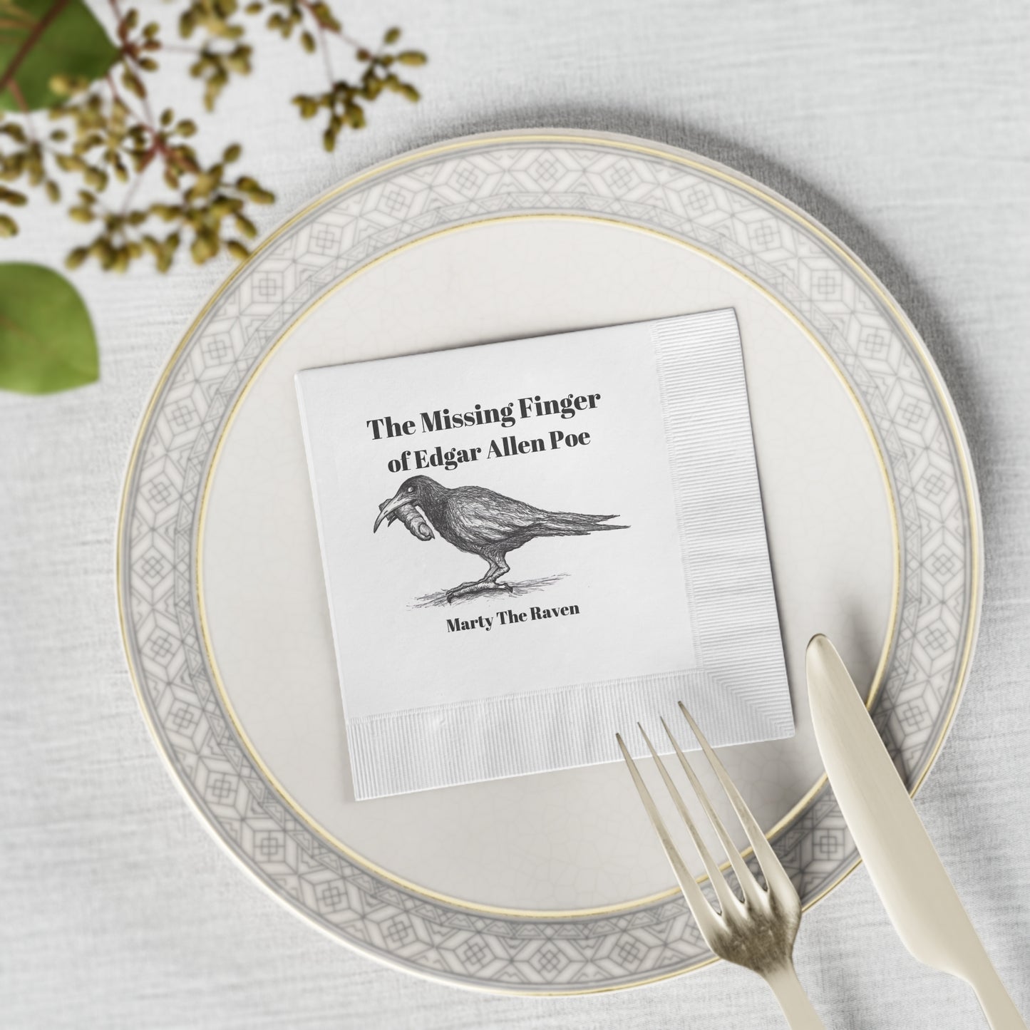 "The Missing Finger of Edgar Allan Poe" - Marty The Raven Halloween White Coined Napkins