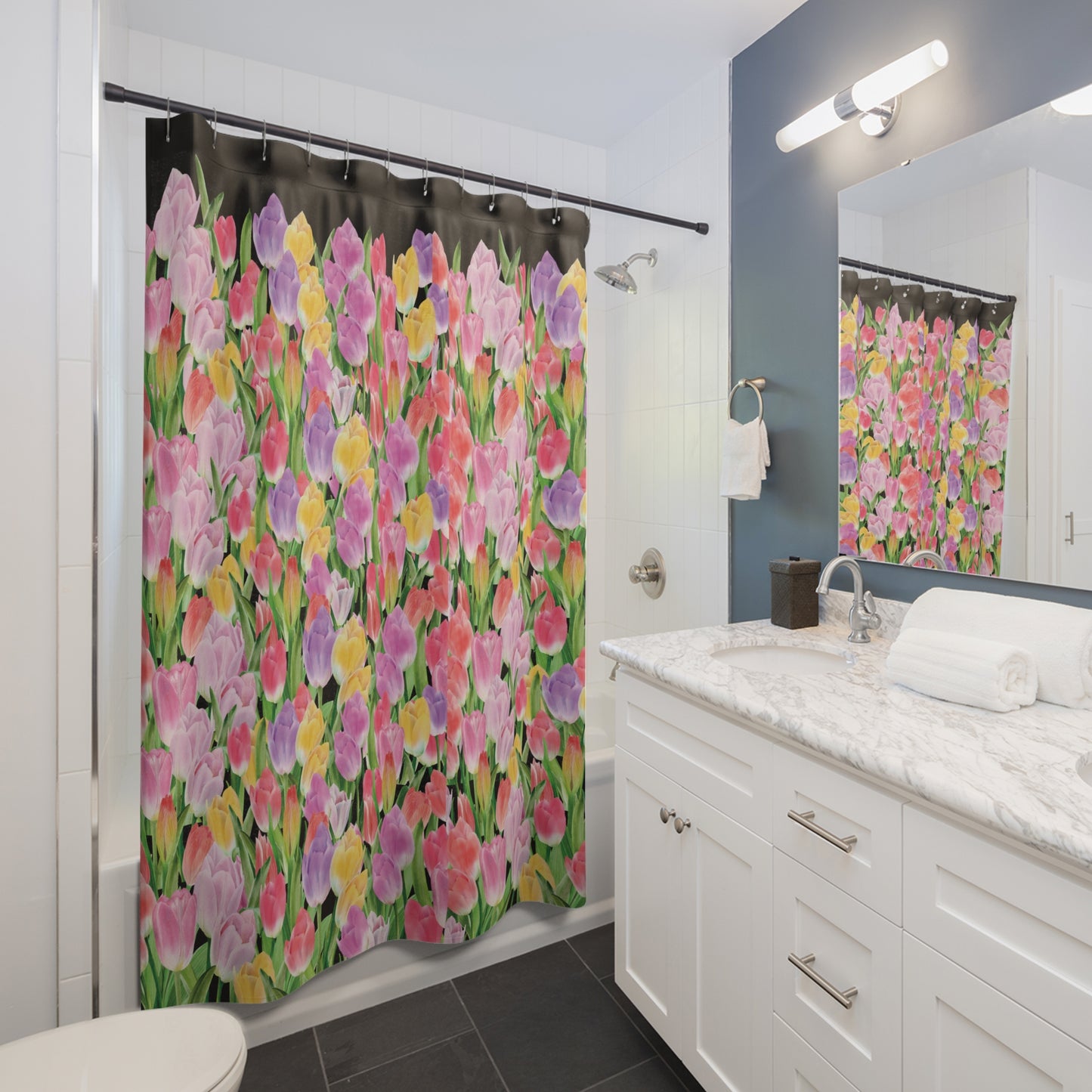 Tulip Sunrise Shower Curtain with Black Accents - The Tulip Sunrise Collection by Miss Daisy