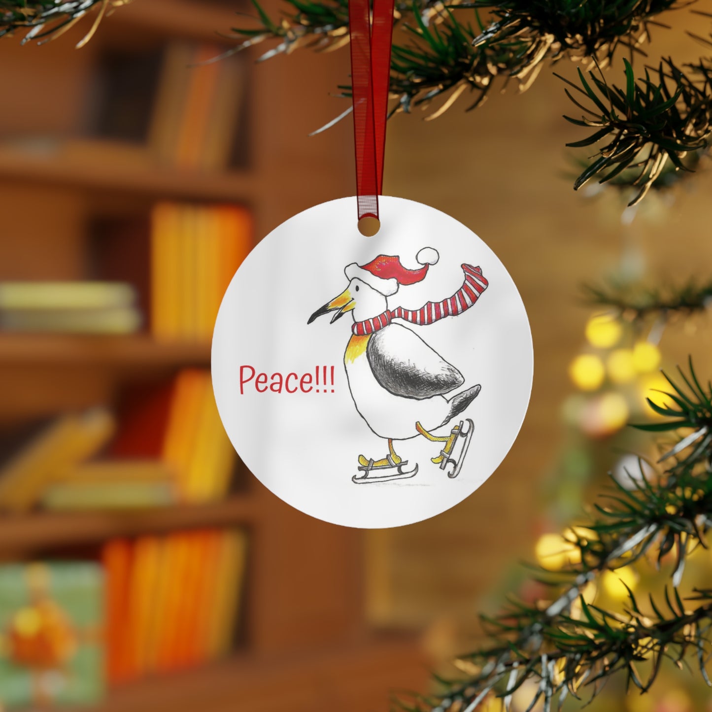 "PEACE" Christmas Tree Metal Ornament with Snowflake the Skating Penguin