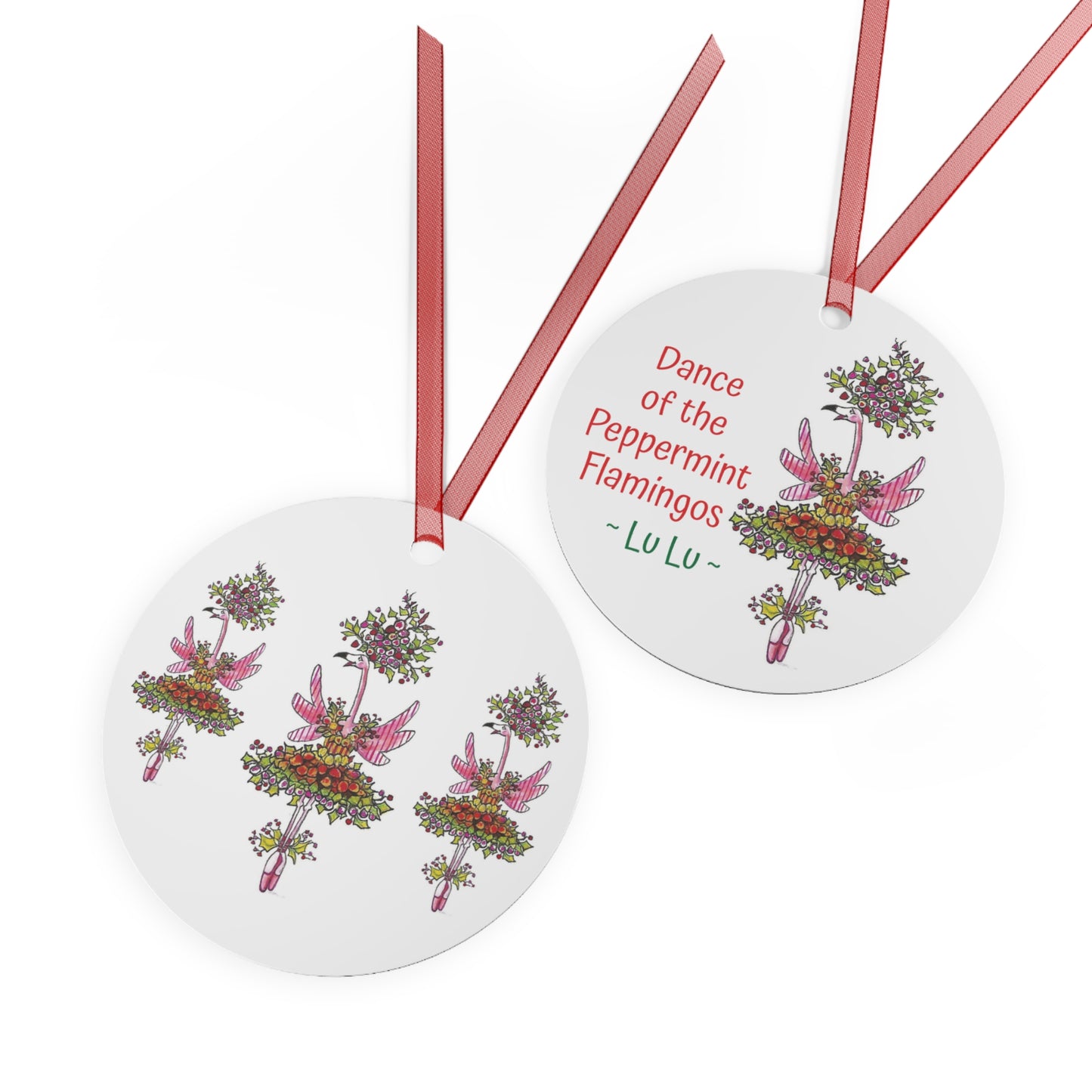 DANCE OF THE PEPPERMINT FLAMINGOS Christmas Tree Ballet Metal Ornament
