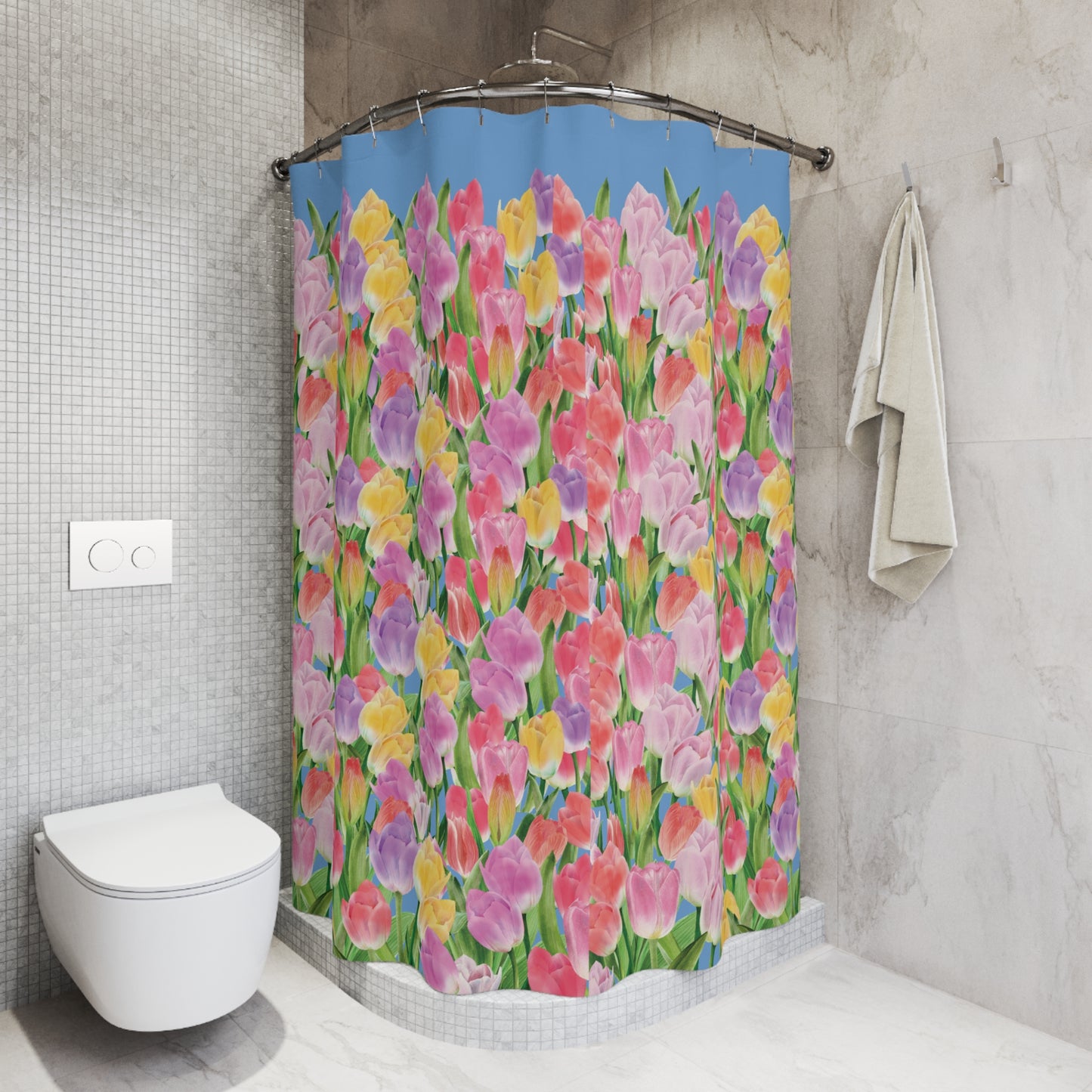 Tulip Sunrise Shower Curtain with Light Blue Accents - The Tulip Sunrise Collection by Miss Daisy