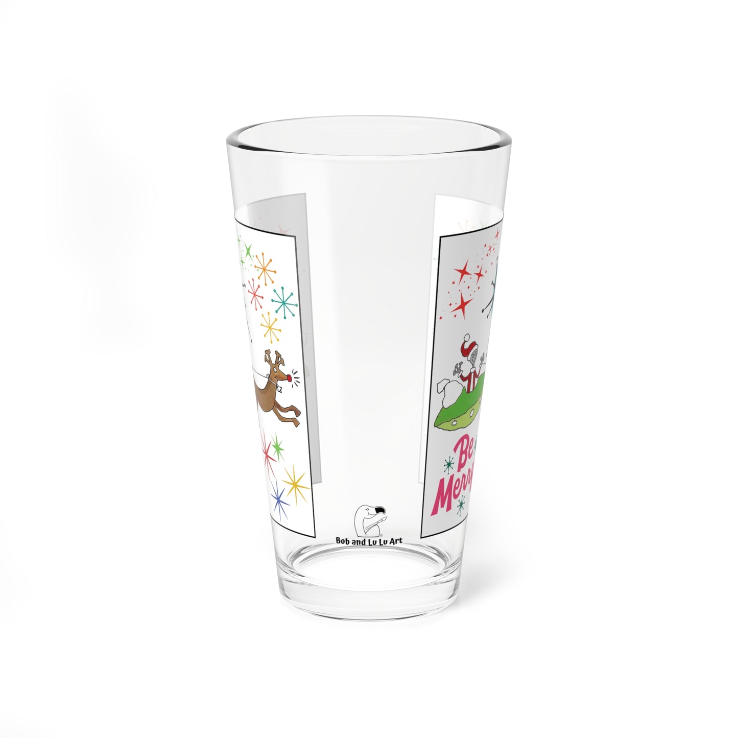 Mid-Century Space Alien Santa Claus & Rudolph 16oz Glass & Shaker