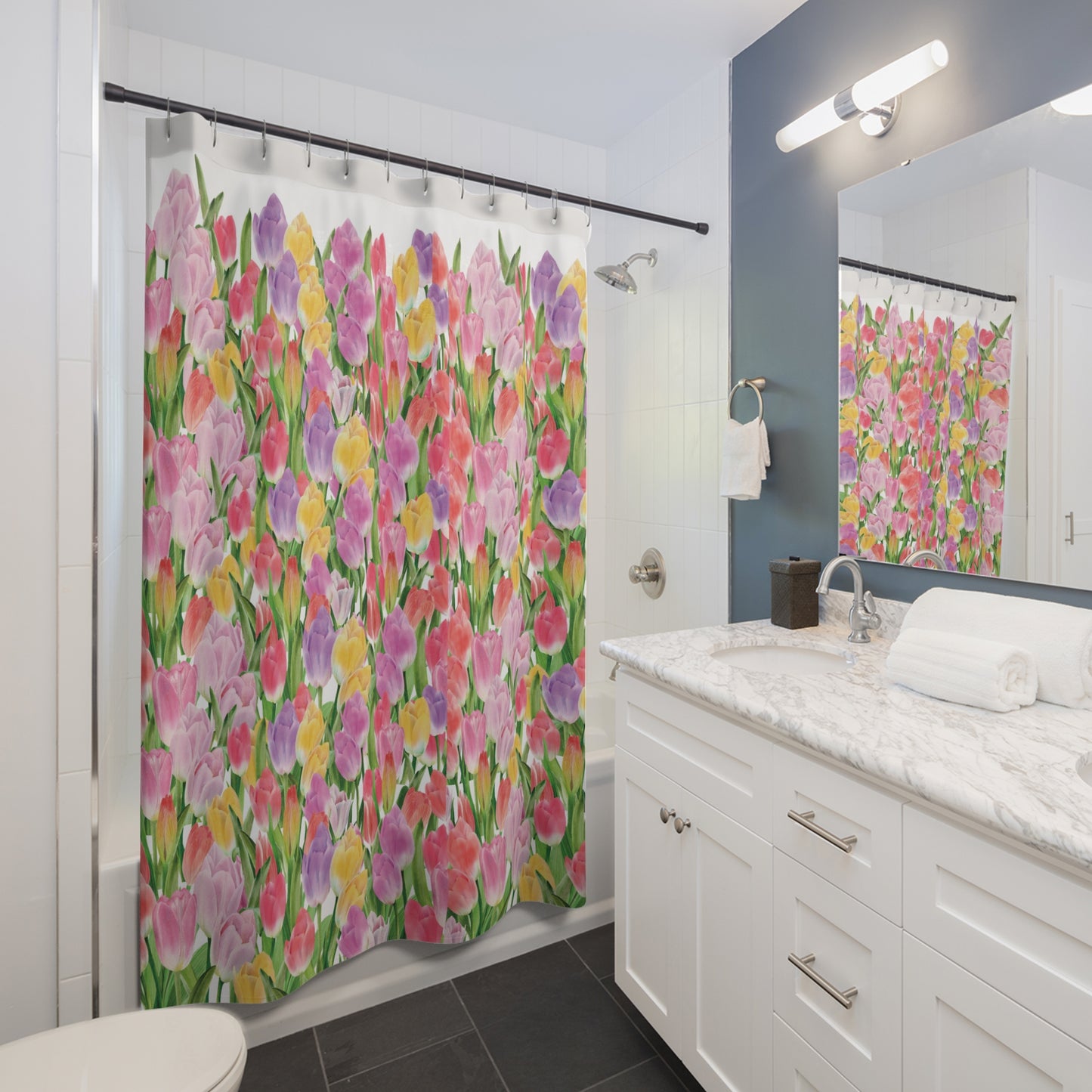 Tulip Sunrise Shower Curtain with White Accents - The Tulip Sunrise Collection by Miss Daisy