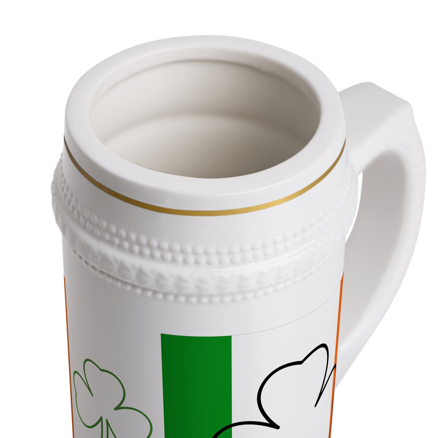 Irish Flag White Ceramic 22oz Beer Stein with Shamrock