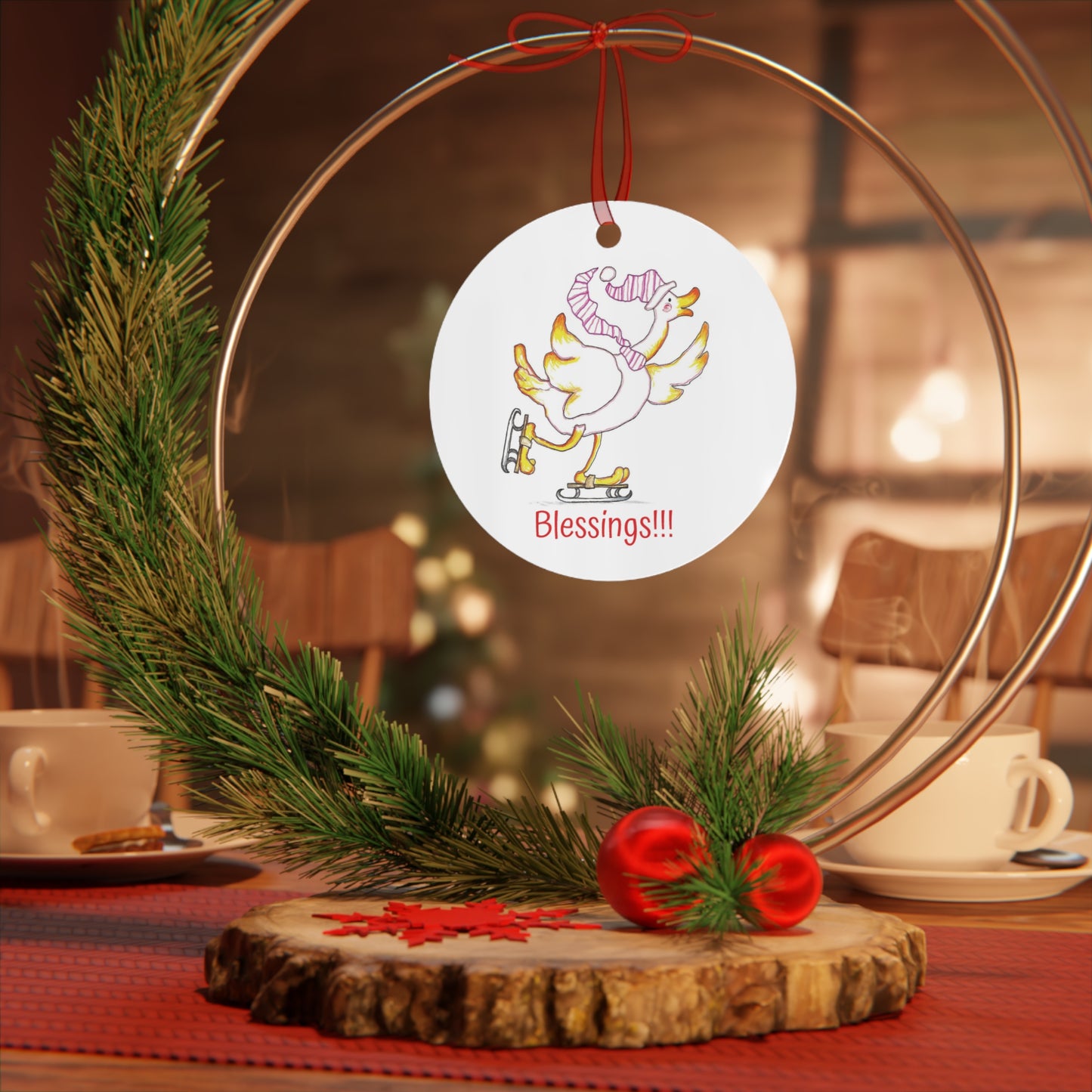 Festive Metal Christmas Tree Ornament with Peppermint Duck Design