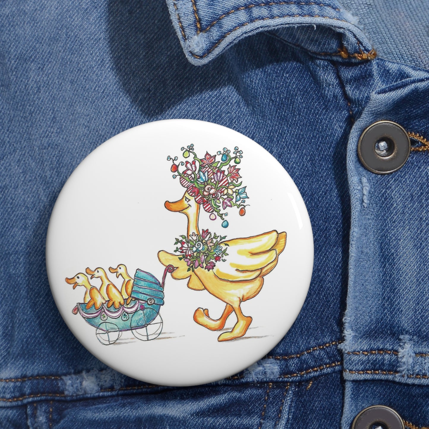 Mother Butter Tulip & Ducklings Easter 3 Inch Pin Button