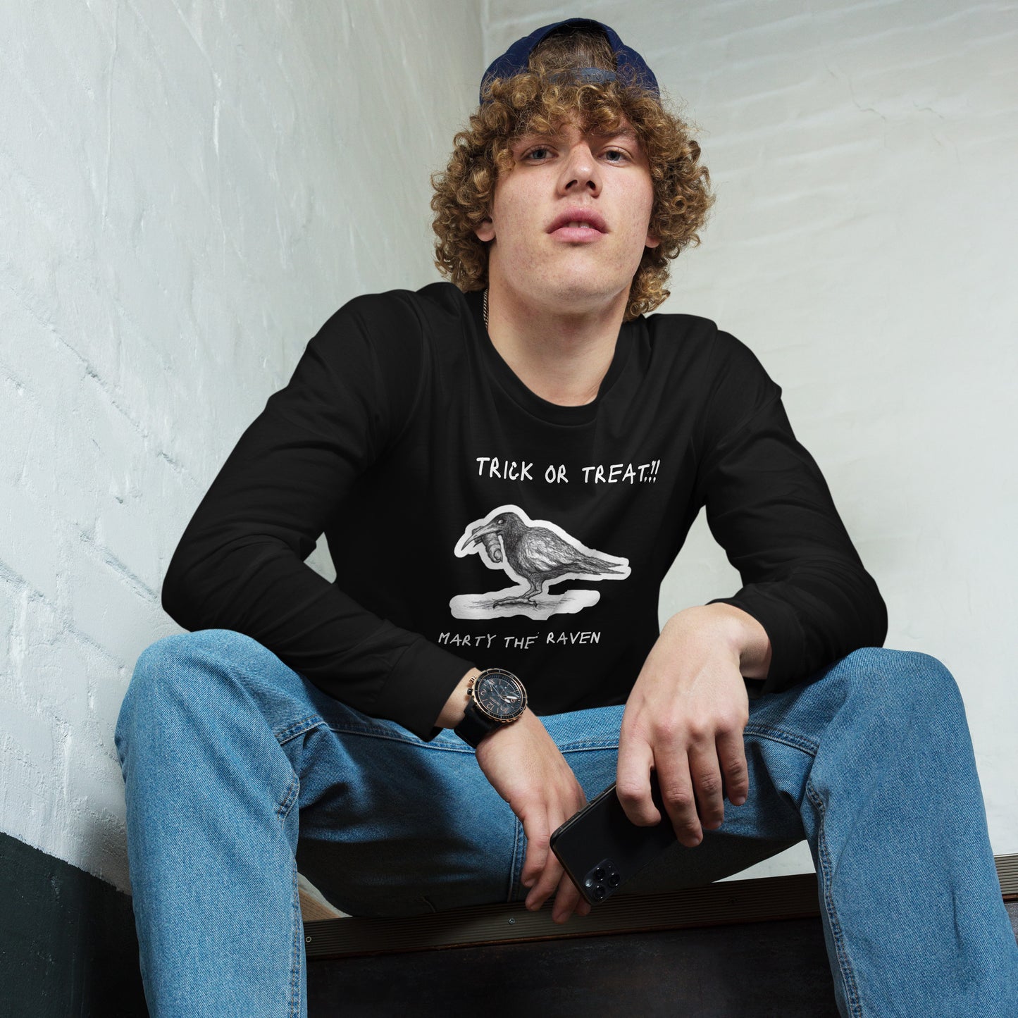 "Marty the Raven" - Halloween Trick-Or-Treat Unisex Long Sleeve Regular Fit T-Shirt for Men, Women & Ravens