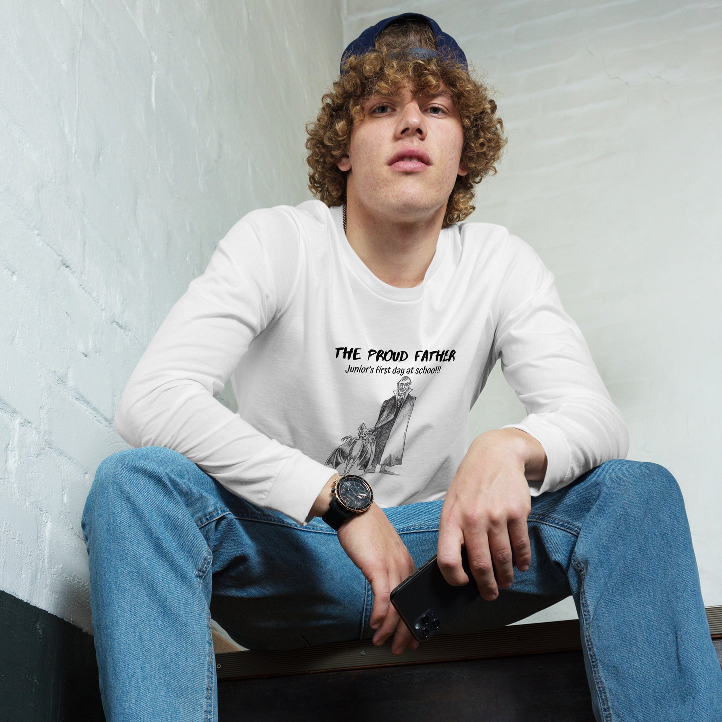 "The Proud Father - Junior's First Day at School" - Halloween Unisex Style Long Sleeve Regular Fit T-Shirt for Men, Women, Vampires & Bats