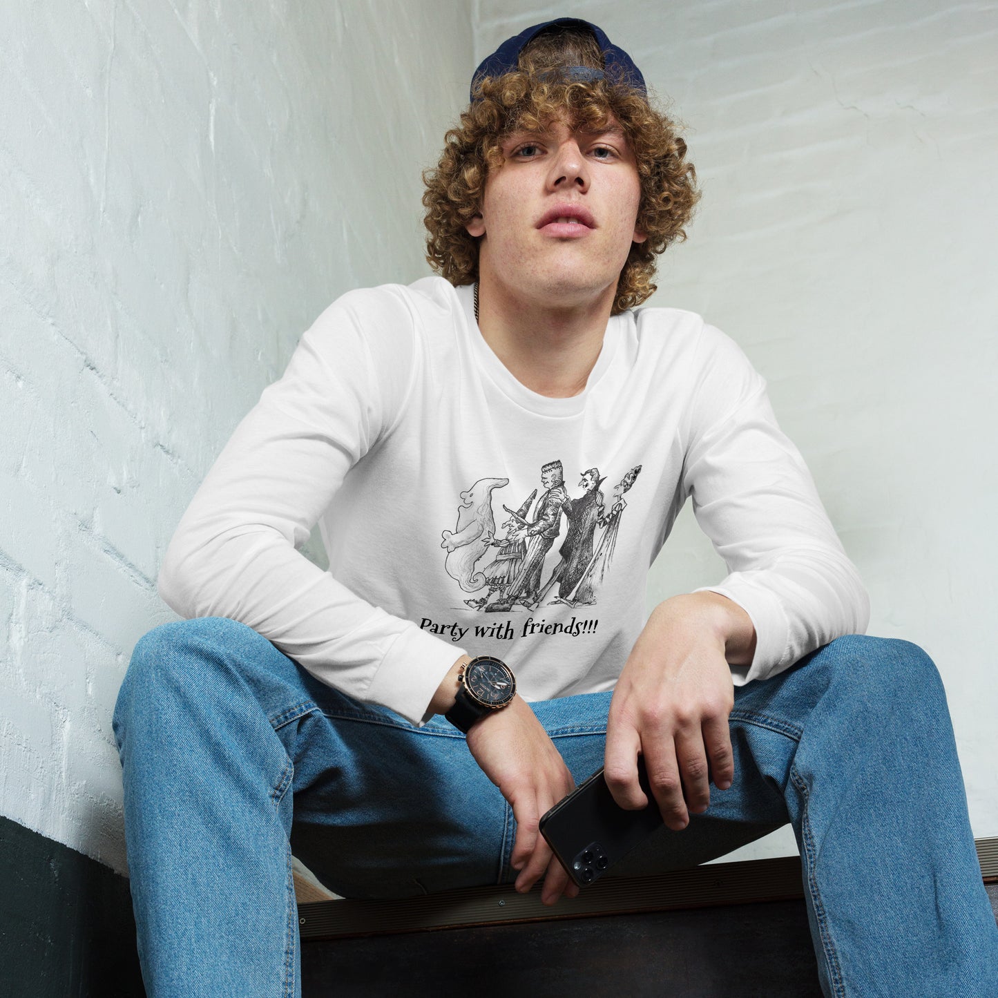 "Party with friends!!!" Halloween Unisex Style Long Sleeve Regular Fit T-Shirts for Men, Women & Partiers!!!