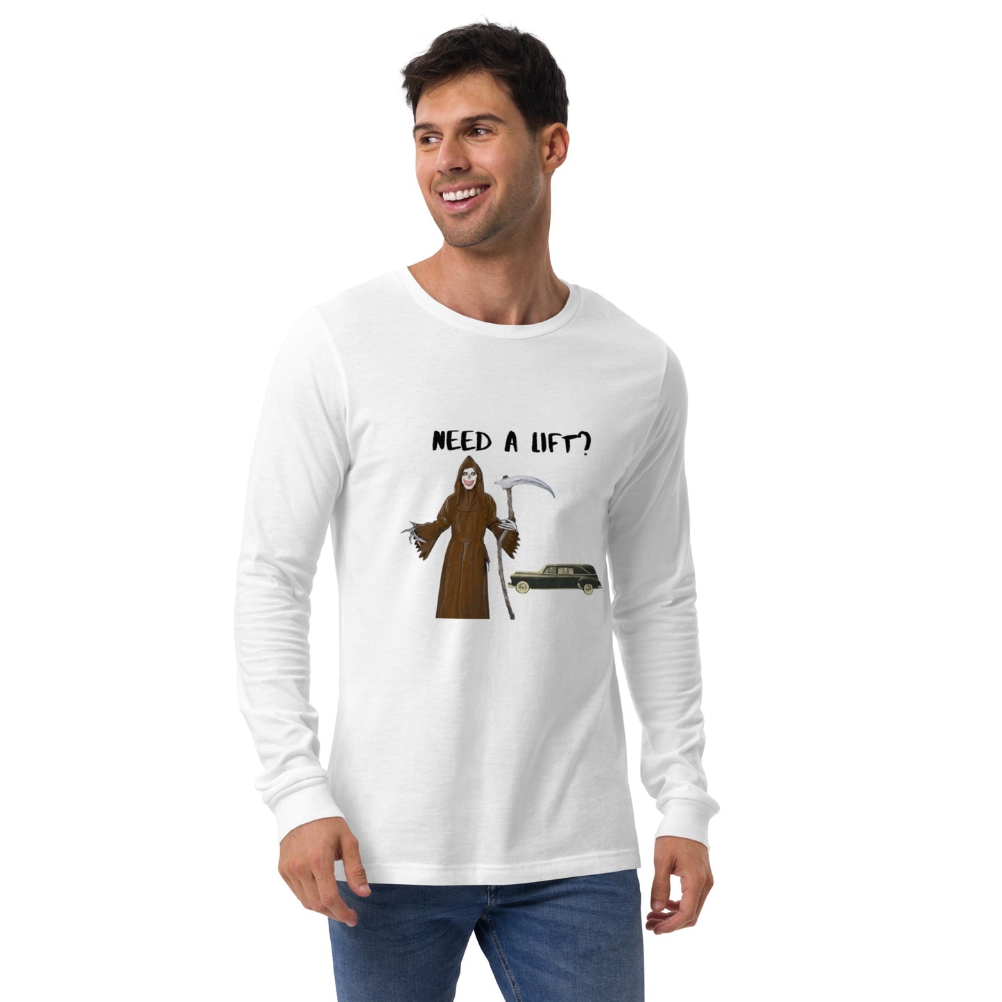 "Need a lift from the Grim Reaper???" Halloween Unisex Style Long Sleeve Regular Fit T-Shirt for Men & Women