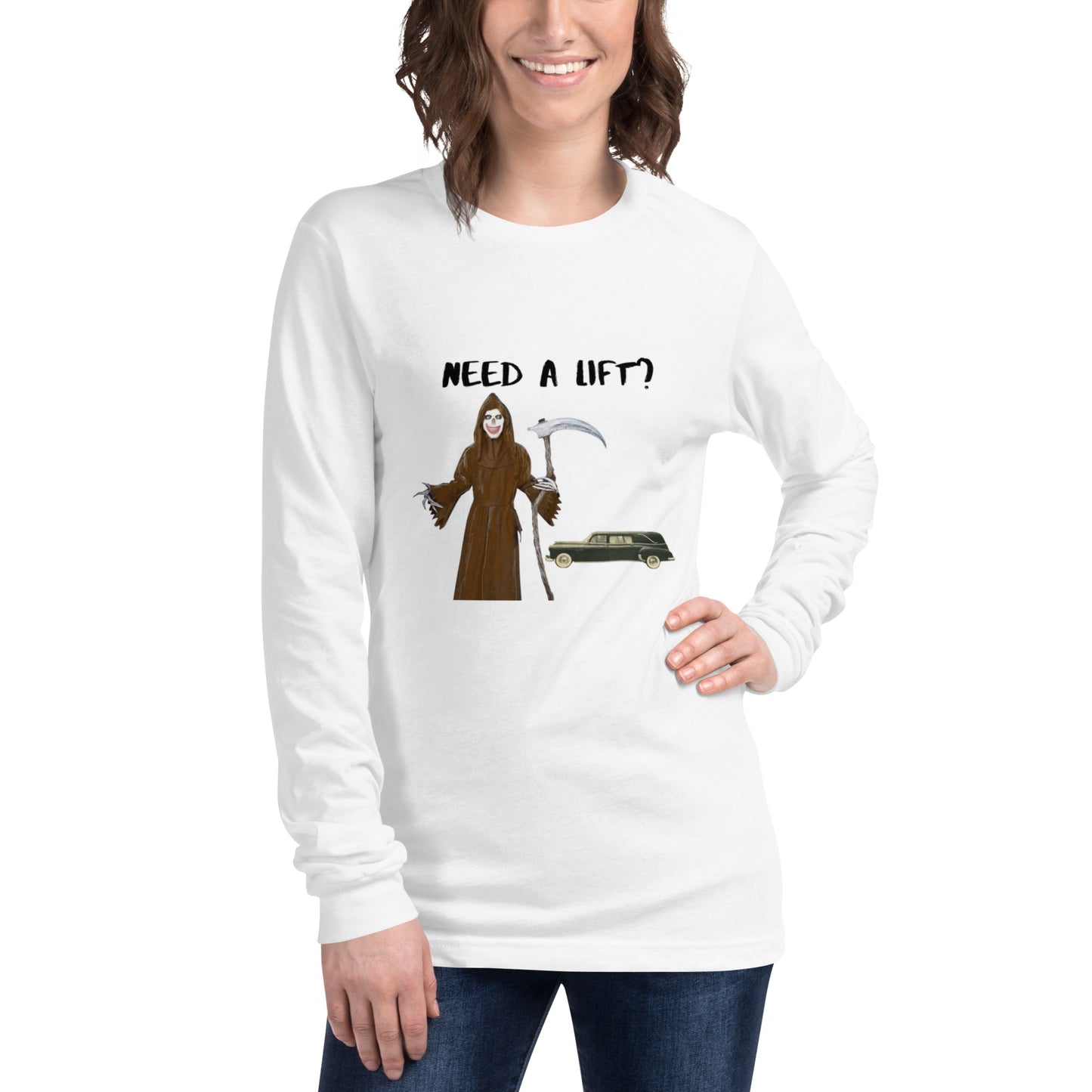 "Need a lift from the Grim Reaper???" Halloween Unisex Style Long Sleeve Regular Fit T-Shirt for Men & Women