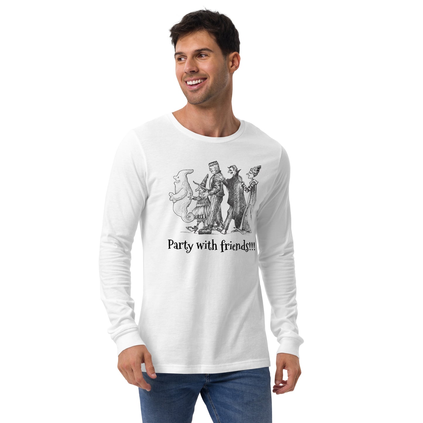 "Party with friends!!!" Halloween Unisex Style Long Sleeve Regular Fit T-Shirts for Men, Women & Partiers!!!