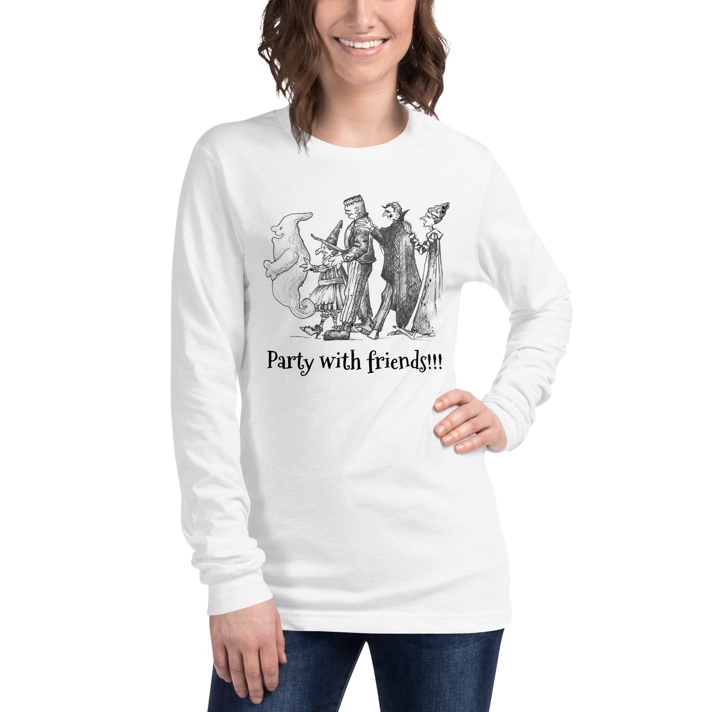 "Party with friends!!!" Halloween Unisex Style Long Sleeve Regular Fit T-Shirts for Men, Women & Partiers!!!