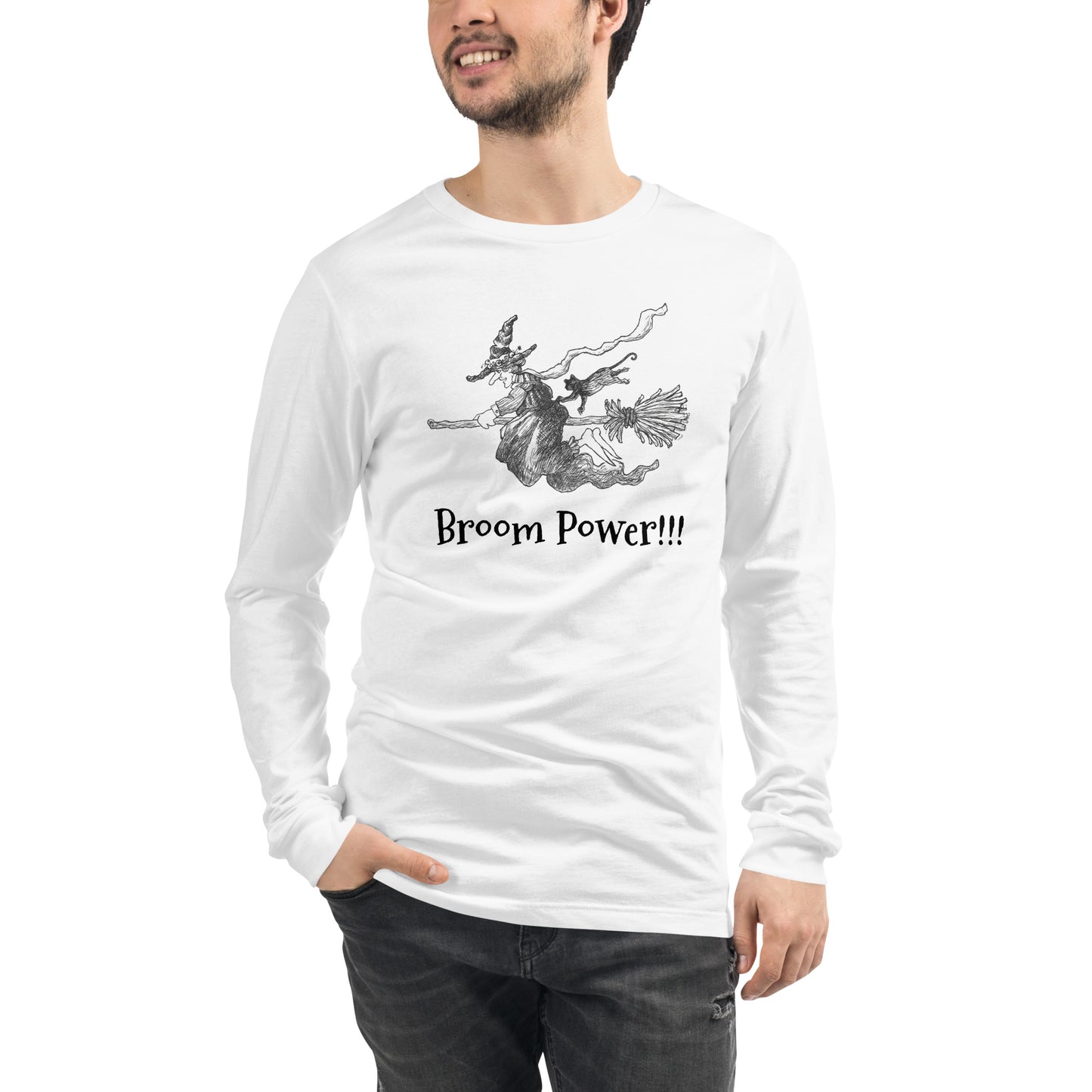 "Broom Power!!!" - Halloween Unisex Long Sleeve Regular Fit T-Shirt for Men, Women & Witches