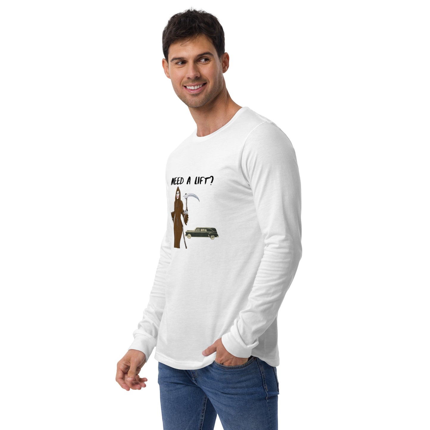 "Need a lift from the Grim Reaper???" Halloween Unisex Style Long Sleeve Regular Fit T-Shirt for Men & Women