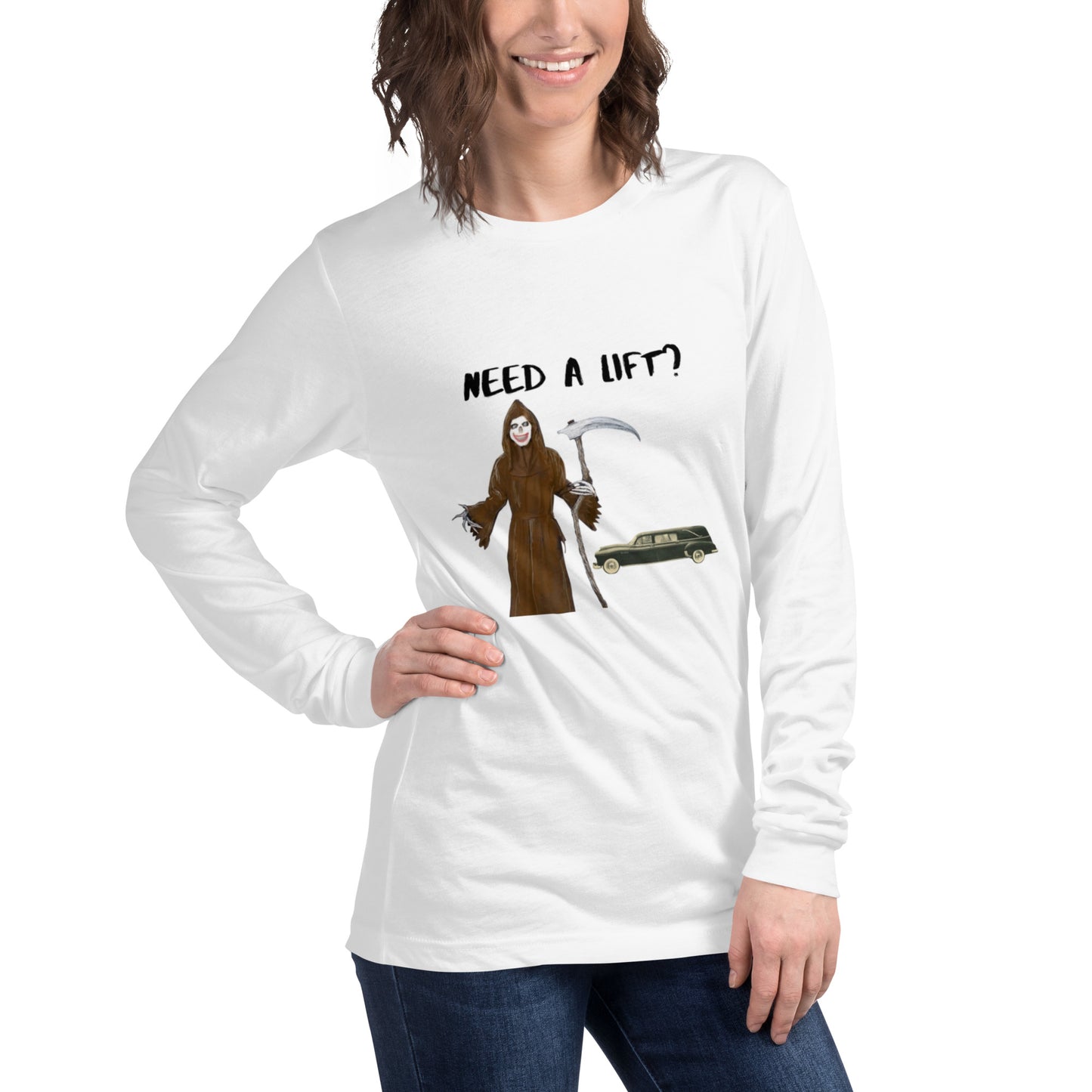 "Need a lift from the Grim Reaper???" Halloween Unisex Style Long Sleeve Regular Fit T-Shirt for Men & Women