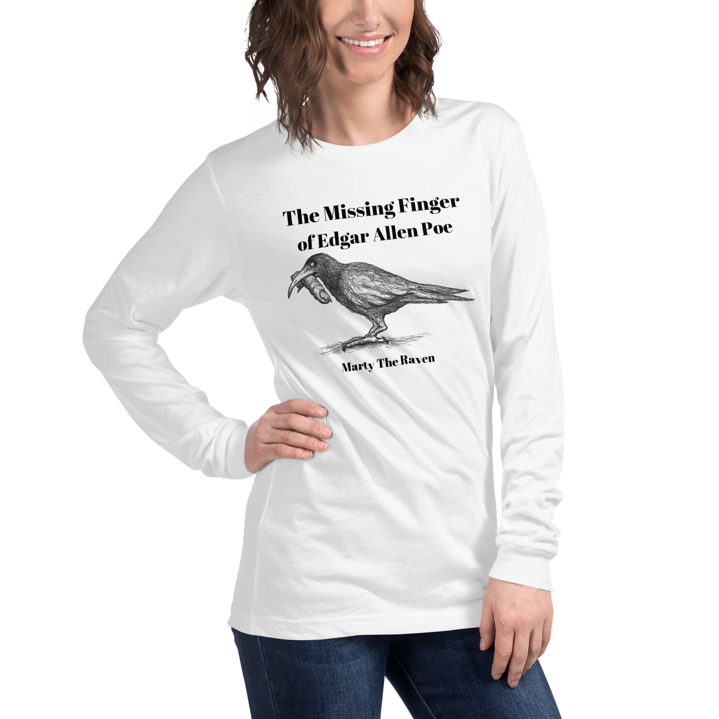 "The Missing Finger of Edgar Allan Poe!!!" - Halloween Unisex Style Long Sleeve Regular Fit T-Shirts for Men, Women & Ravens who like new and shiny things