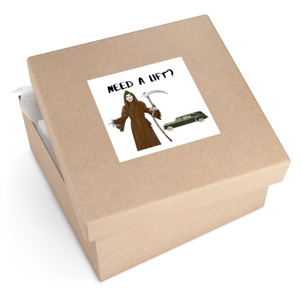 THE GRIM REAPER - "Need a lift?" Halloween Indoor & Outdoor Square Kiss-Cut Vinyl Sticker