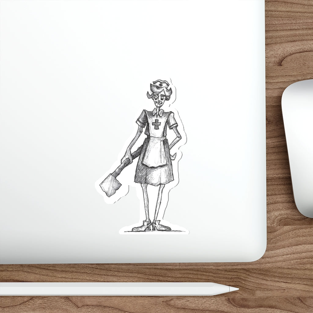 NURSE SCRATCH-IT "Has an Axe" Halloween Vinyl Indoor & Outdoor Die-Cut Sticker