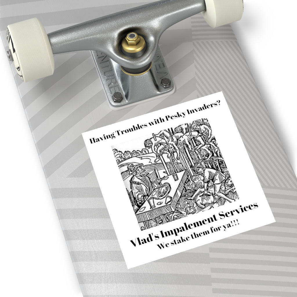 VLAD'S IMPALEMENT SERVICES Halloween Indoor & Outdoor Square Kiss-Cut Vinyl Sticker