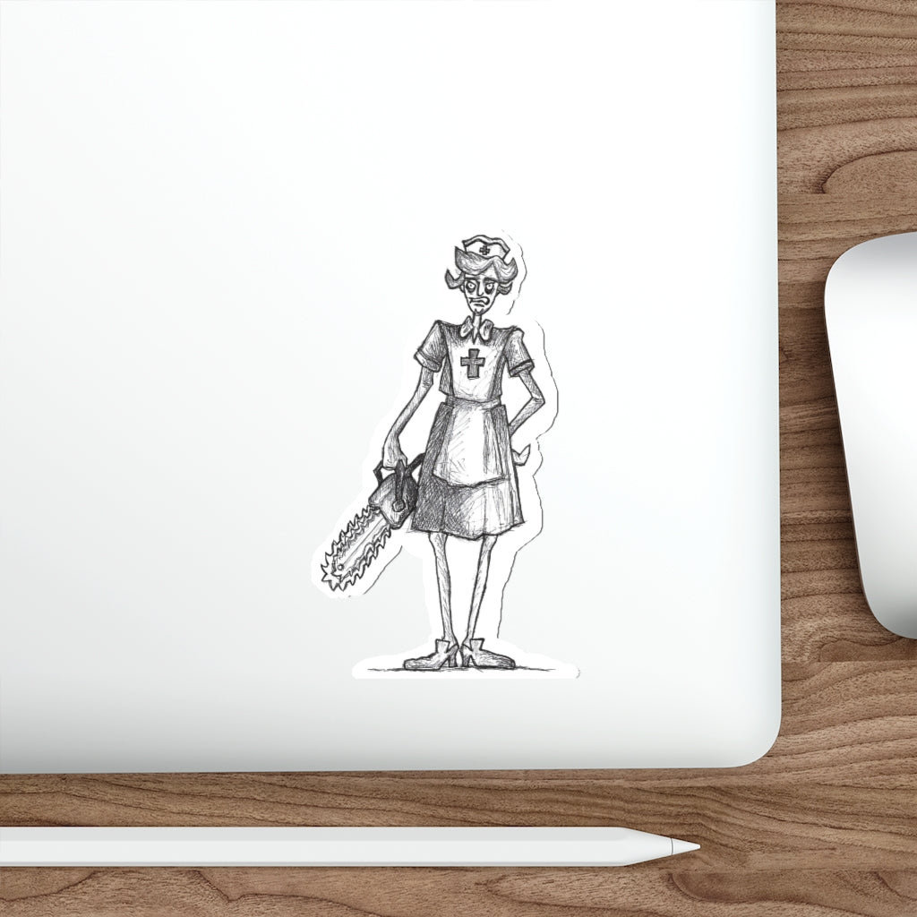 NURSE SCRATCH-IT "Has A Chainsaw" Halloween Vinyl Indoor & Outdoor Die-Cut Sticker