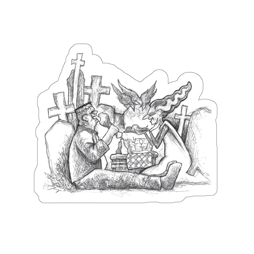 CEMETERY PICNIC "With Frankie & Elsa Frankenstein" Halloween Vinyl Indoor & Outdoor Die-Cut Sticker