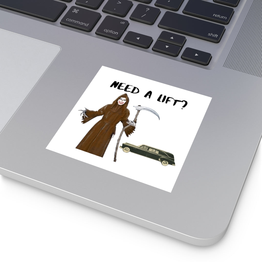 THE GRIM REAPER - "Need a lift?" Halloween Indoor & Outdoor Square Kiss-Cut Vinyl Sticker