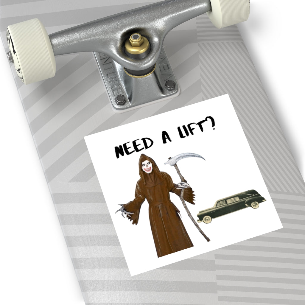 THE GRIM REAPER - "Need a lift?" Halloween Indoor & Outdoor Square Kiss-Cut Vinyl Sticker
