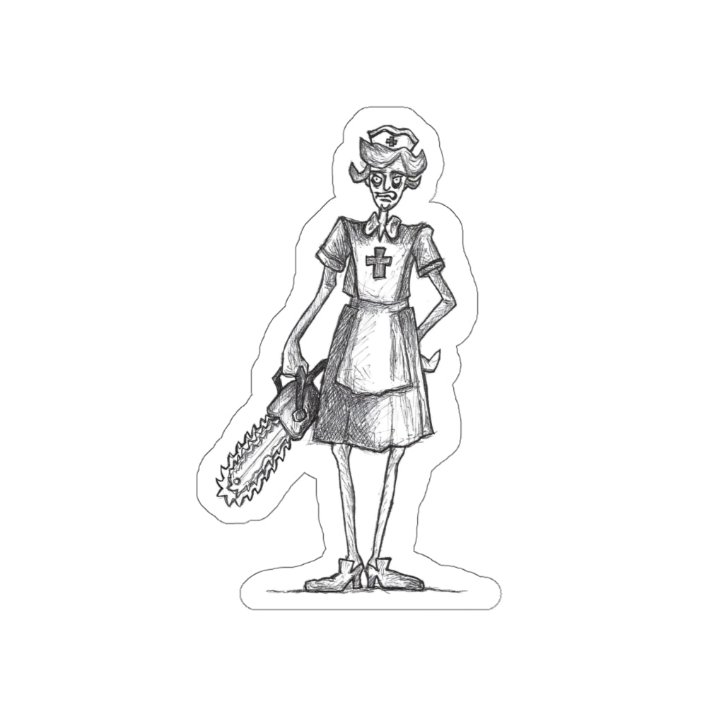 NURSE SCRATCH-IT "Has A Chainsaw" Halloween Vinyl Indoor & Outdoor Die-Cut Sticker