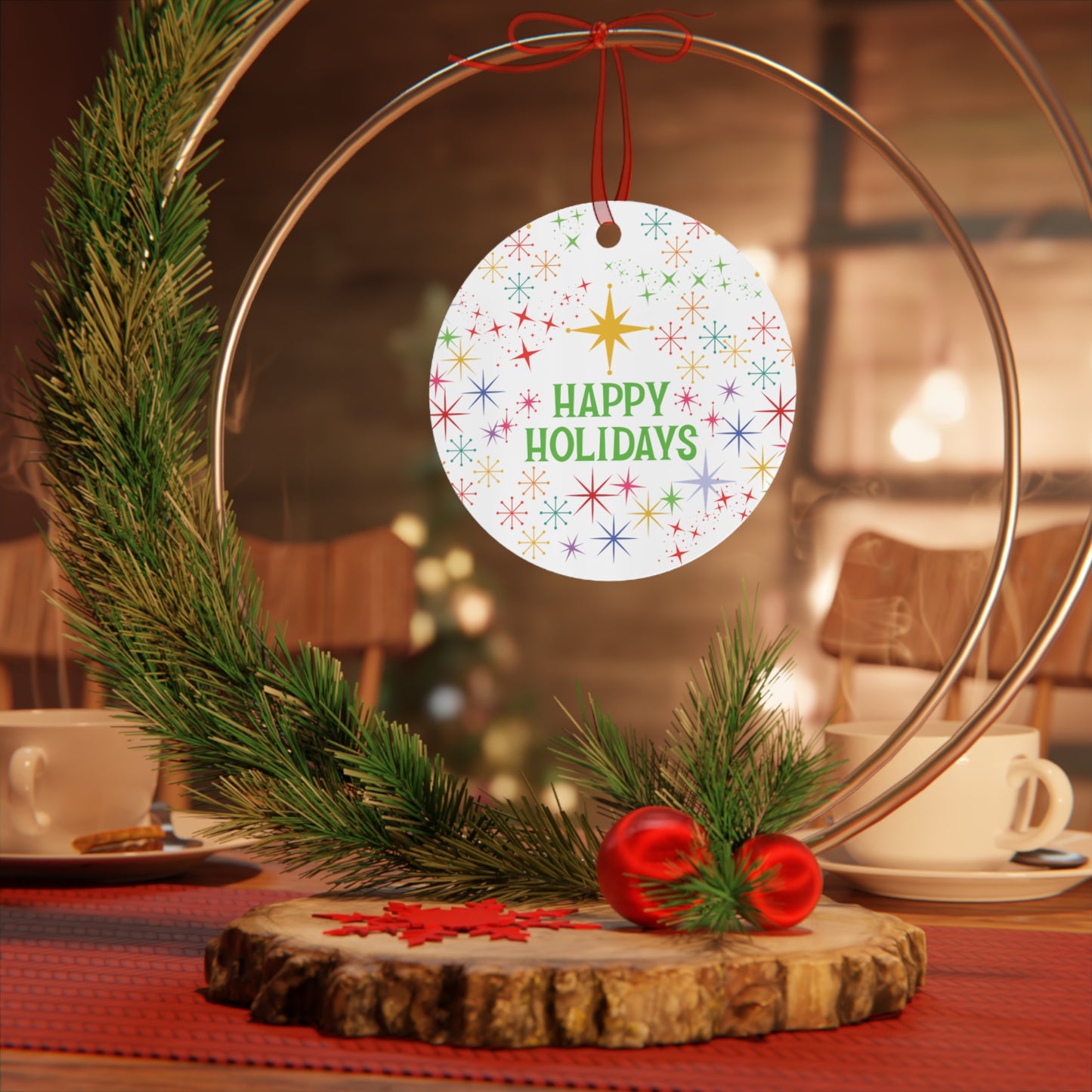 Mid-Century Stars & "Happy Holidays" Christmas Tree Metal Ornament