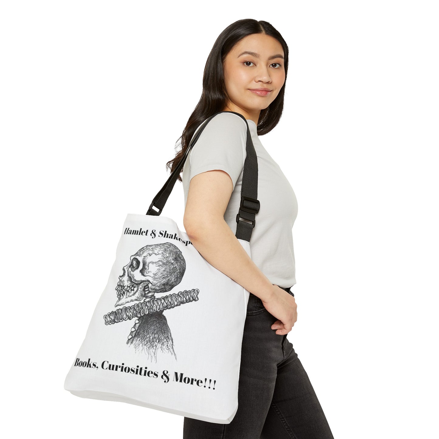 Skeleton William "Willie" Shakespeare & Hamlet Adjustable Tote Bag - "To be or not to be a book bag is the question!!!"