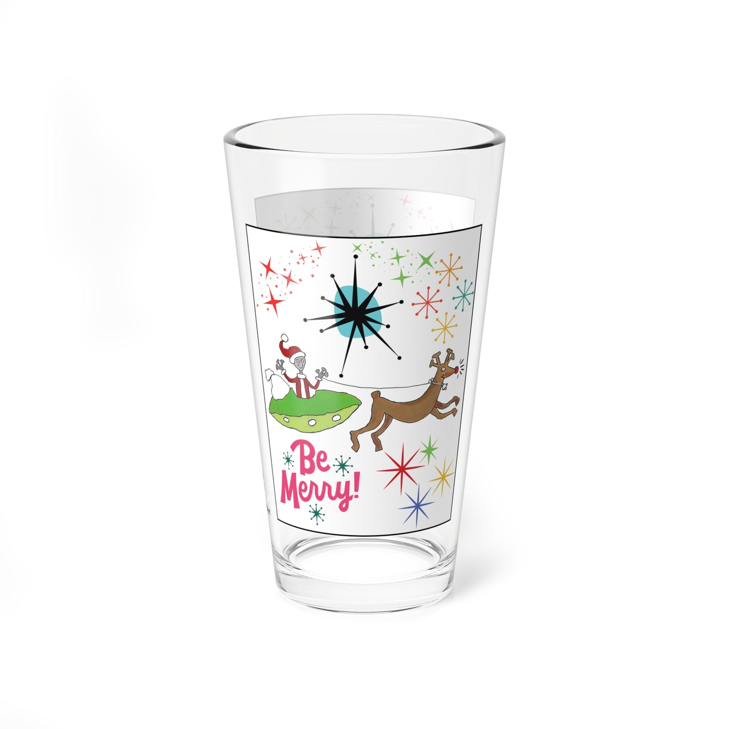 Mid-Century Space Alien Santa Claus & Rudolph 16oz Glass & Shaker