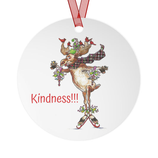 "KINDNESS" Christmas Metal Ornament with Sidney the Moose & Redbirds