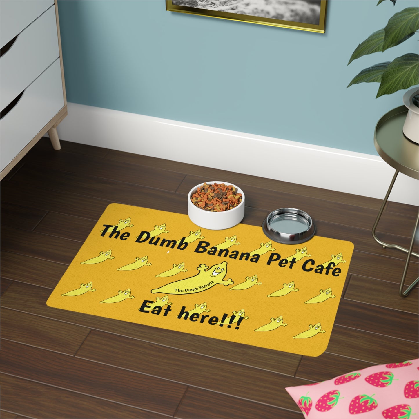 The Dumb Banana Pet Cafe "EAT HERE" Yellow Food Mat - The cafe that all dogs and cats love to eat at!!!