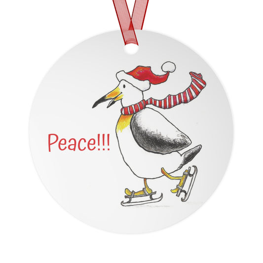 "PEACE" Christmas Tree Metal Ornament with Snowflake the Skating Penguin