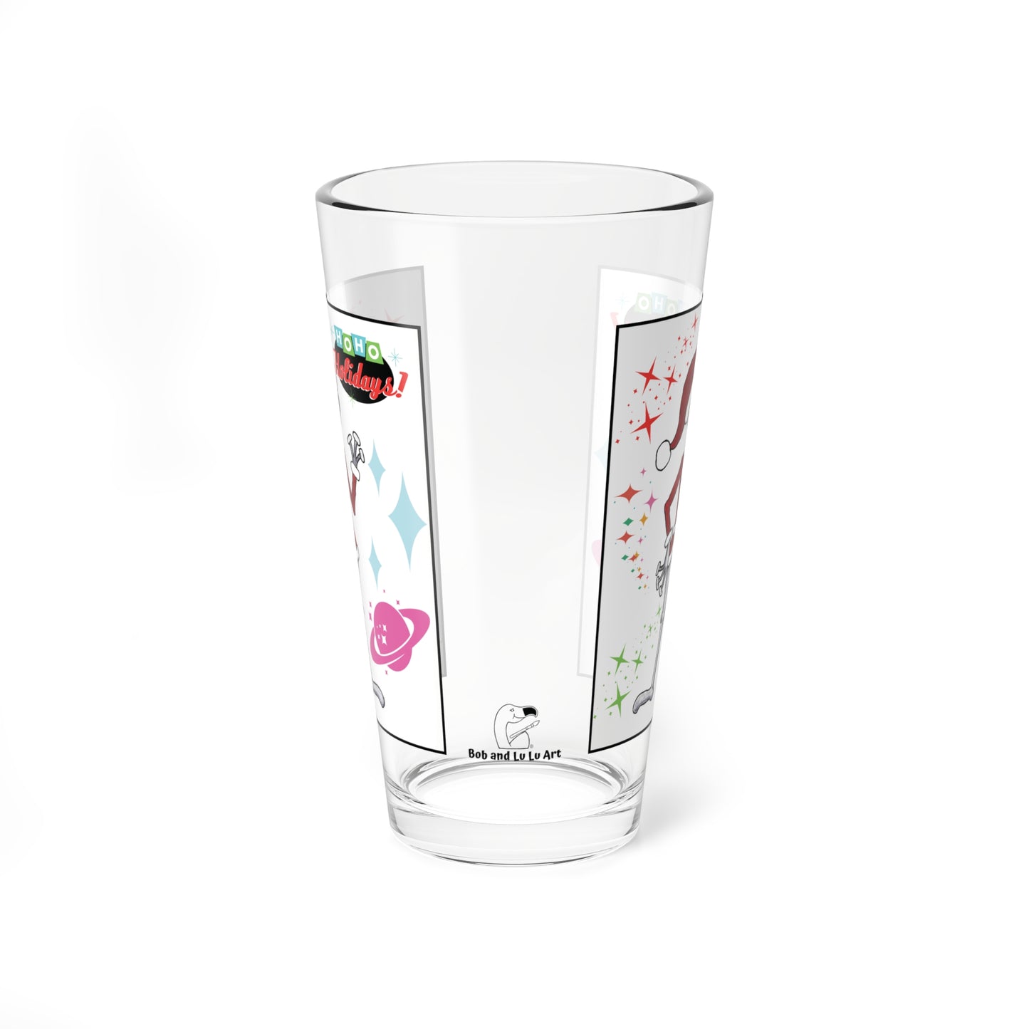 Mid-Century "Ho Ho Holidays" Santa Claus Space Alien 16oz Glass & Shaker