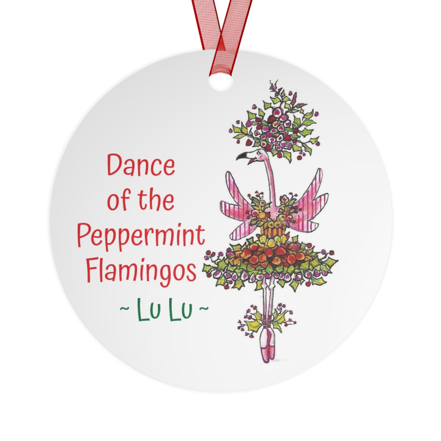 DANCE OF THE PEPPERMINT FLAMINGOS Christmas Tree Ballet Metal Ornament